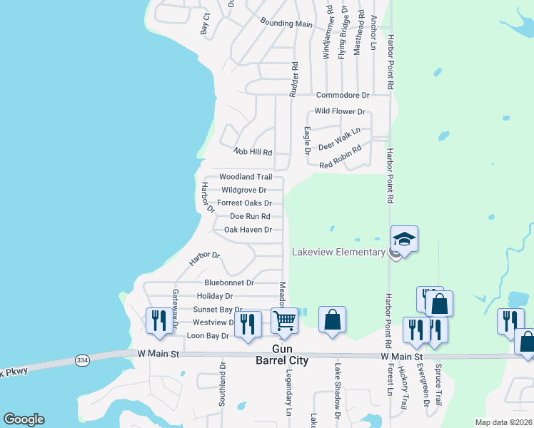map of restaurants, bars, coffee shops, grocery stores, and more near 116 Doe Run Road in Gun Barrel City