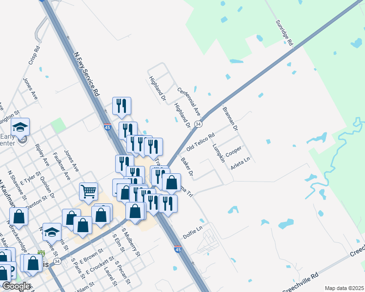 map of restaurants, bars, coffee shops, grocery stores, and more near 1502 East Ennis Avenue in Ennis