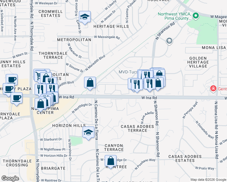 map of restaurants, bars, coffee shops, grocery stores, and more near 3220 West Ina Road in Tucson