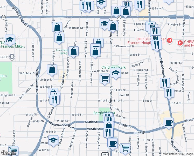 map of restaurants, bars, coffee shops, grocery stores, and more near 921 South College Avenue in Tyler