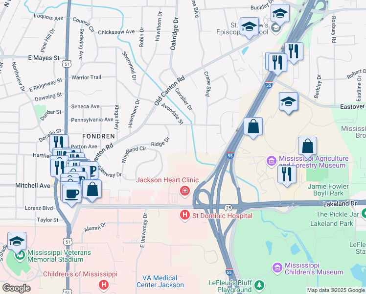 map of restaurants, bars, coffee shops, grocery stores, and more near 3527 Edmar Place in Jackson