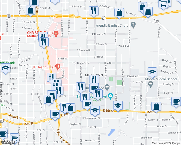 map of restaurants, bars, coffee shops, grocery stores, and more near 930 South Baxter Avenue in Tyler