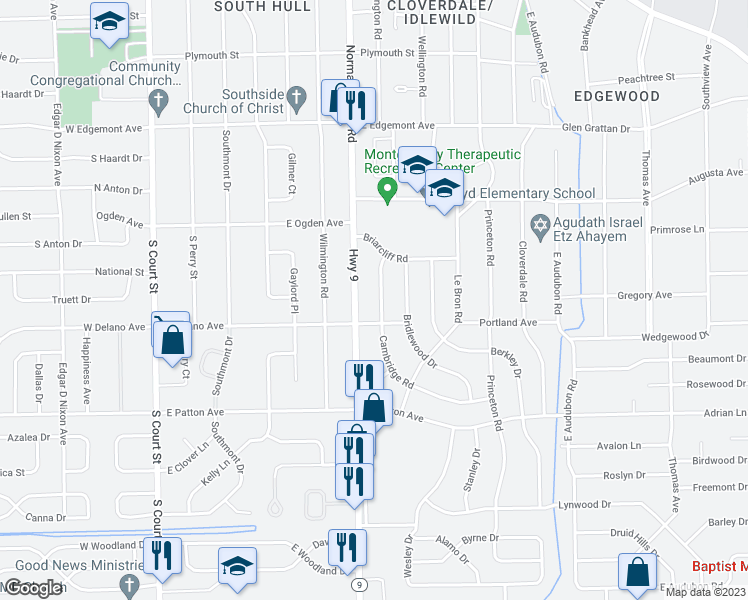 map of restaurants, bars, coffee shops, grocery stores, and more near 3540 Cambridge Road in Montgomery