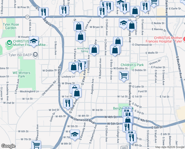 map of restaurants, bars, coffee shops, grocery stores, and more near 617 Lindsey Lane in Tyler
