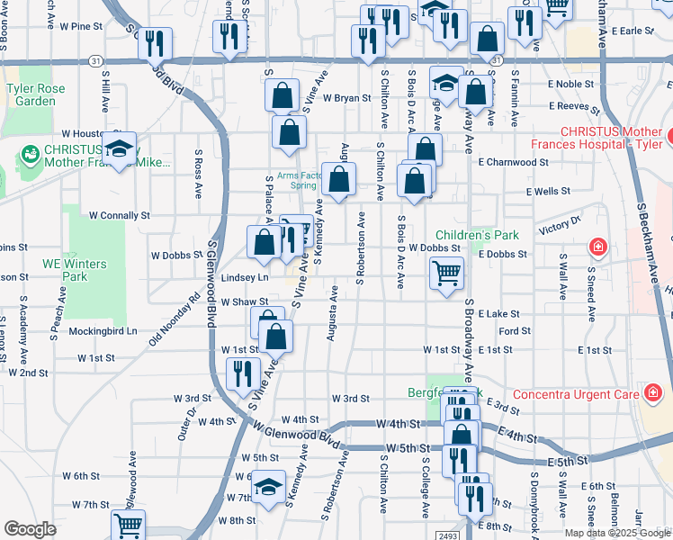 map of restaurants, bars, coffee shops, grocery stores, and more near 613 Lindsey Lane in Tyler