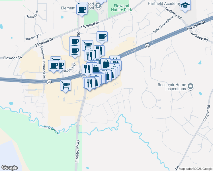 map of restaurants, bars, coffee shops, grocery stores, and more near 100 Dogwood Way in Pearl