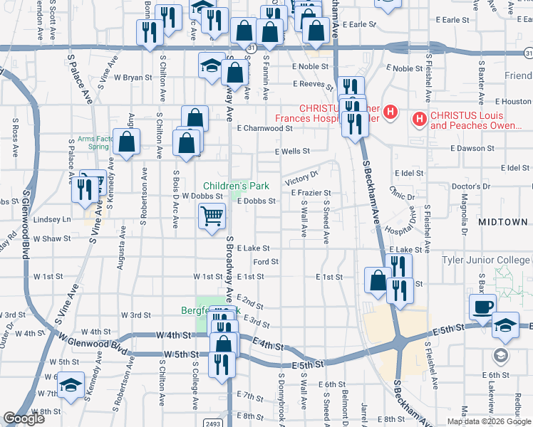 map of restaurants, bars, coffee shops, grocery stores, and more near 911 South Donnybrook Avenue in Tyler