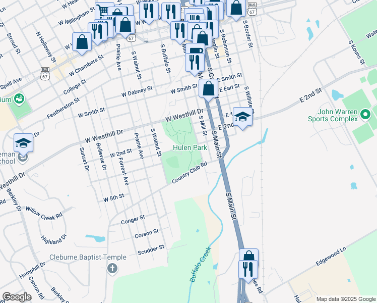 map of restaurants, bars, coffee shops, grocery stores, and more near 1098 Hillsboro Street in Cleburne