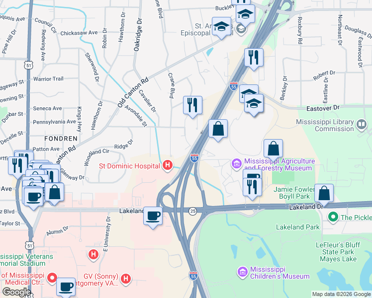map of restaurants, bars, coffee shops, grocery stores, and more near 3727 Montrose Circle in Jackson