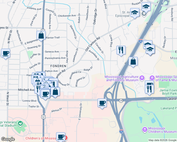 map of restaurants, bars, coffee shops, grocery stores, and more near 153 Ridge Drive in Flowood