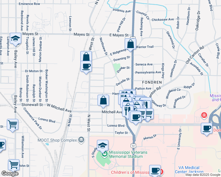 map of restaurants, bars, coffee shops, grocery stores, and more near 344 Decelle Street in Jackson