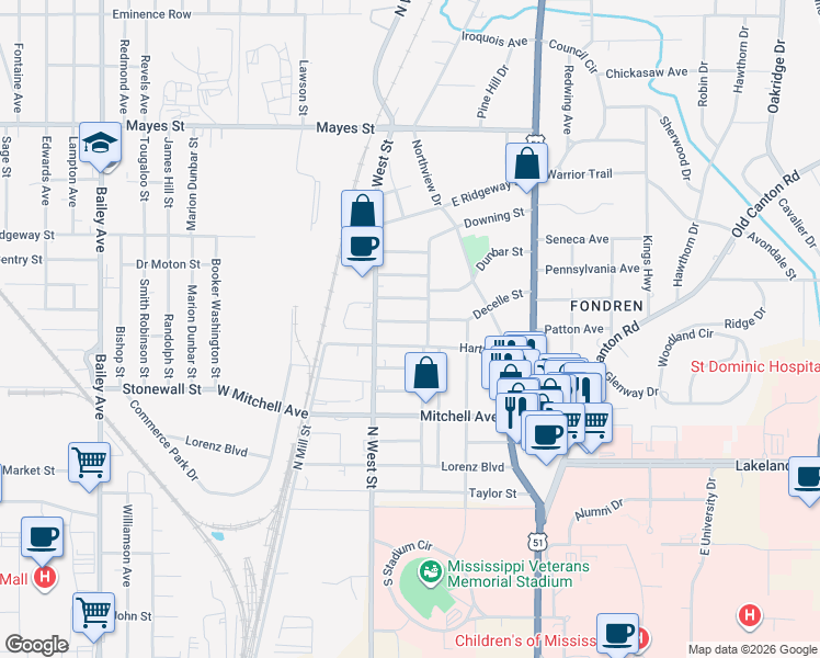 map of restaurants, bars, coffee shops, grocery stores, and more near 3405 Downing Street in Jackson