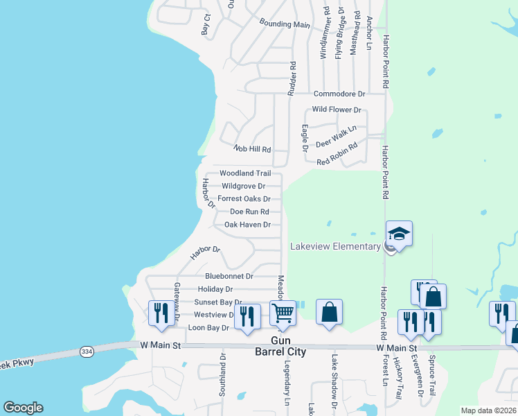 map of restaurants, bars, coffee shops, grocery stores, and more near 116 Doe Run Road in Gun Barrel City