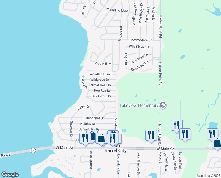 map of restaurants, bars, coffee shops, grocery stores, and more near 116 Doe Run Road in Gun Barrel City