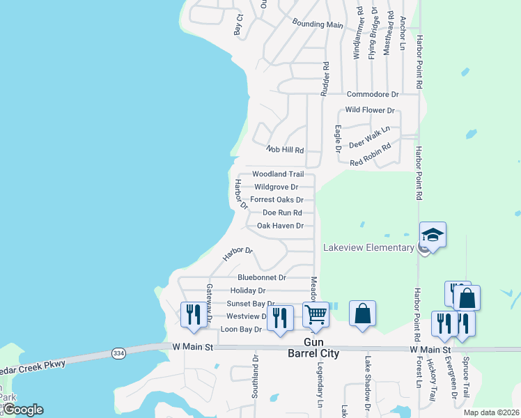 map of restaurants, bars, coffee shops, grocery stores, and more near 137 Forrest Oaks Drive in Gun Barrel City