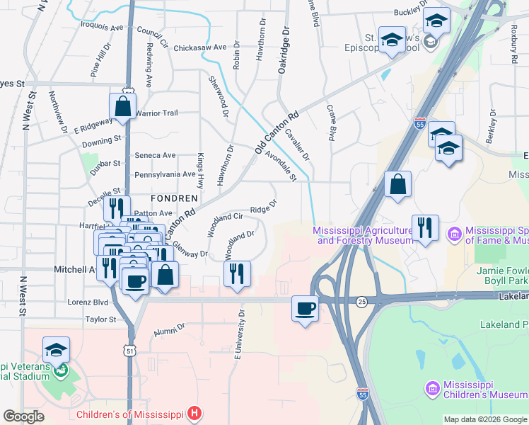 map of restaurants, bars, coffee shops, grocery stores, and more near 153 Ridge Drive in Flowood