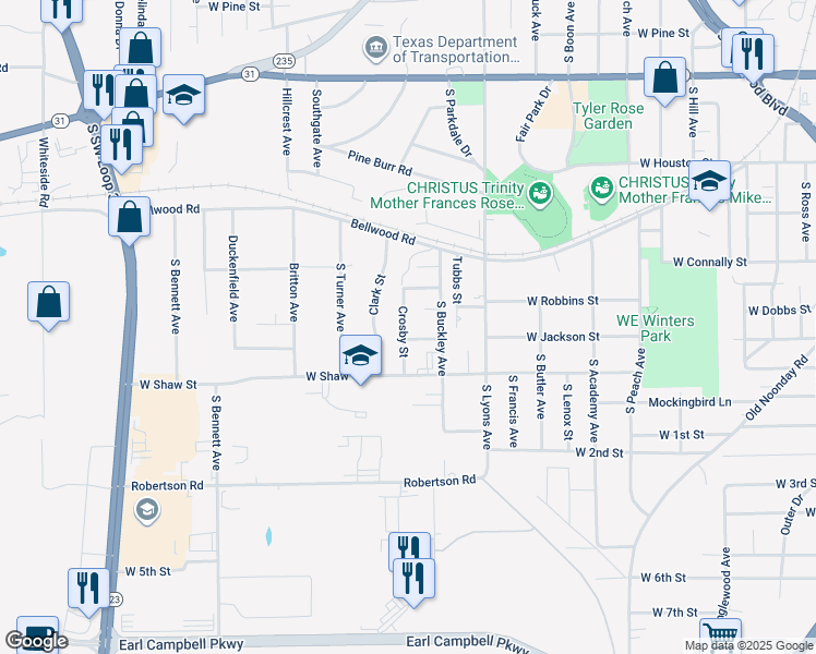 map of restaurants, bars, coffee shops, grocery stores, and more near 920 Crosby Street in Tyler