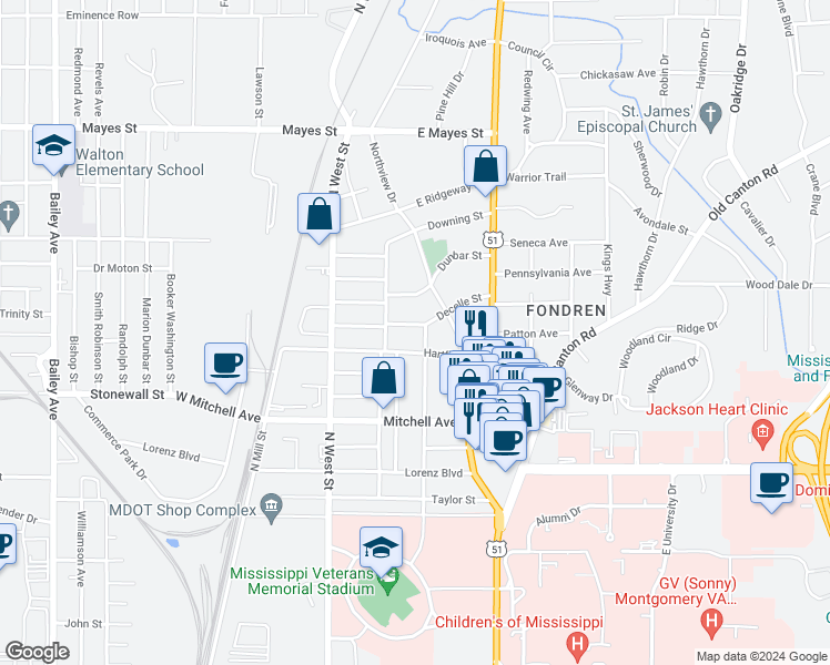 map of restaurants, bars, coffee shops, grocery stores, and more near 331 Decelle Street in Jackson