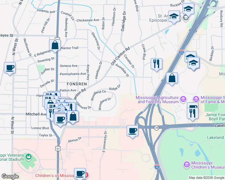 map of restaurants, bars, coffee shops, grocery stores, and more near 153 Ridge Drive in Flowood