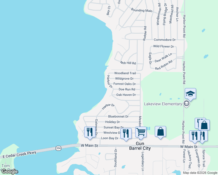 map of restaurants, bars, coffee shops, grocery stores, and more near 124 Harbor Drive in Gun Barrel City