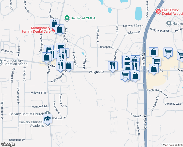 map of restaurants, bars, coffee shops, grocery stores, and more near 7600 Vaughn Road in Montgomery
