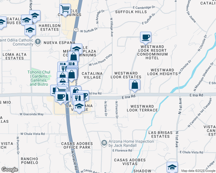 map of restaurants, bars, coffee shops, grocery stores, and more near 7235 North Village Avenue in Tucson