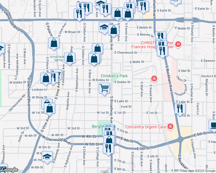 map of restaurants, bars, coffee shops, grocery stores, and more near 911 South Broadway Avenue in Tyler