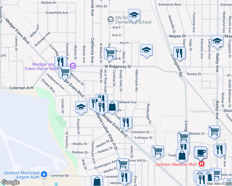 map of restaurants, bars, coffee shops, grocery stores, and more near 3440 Cardinal Street in Jackson