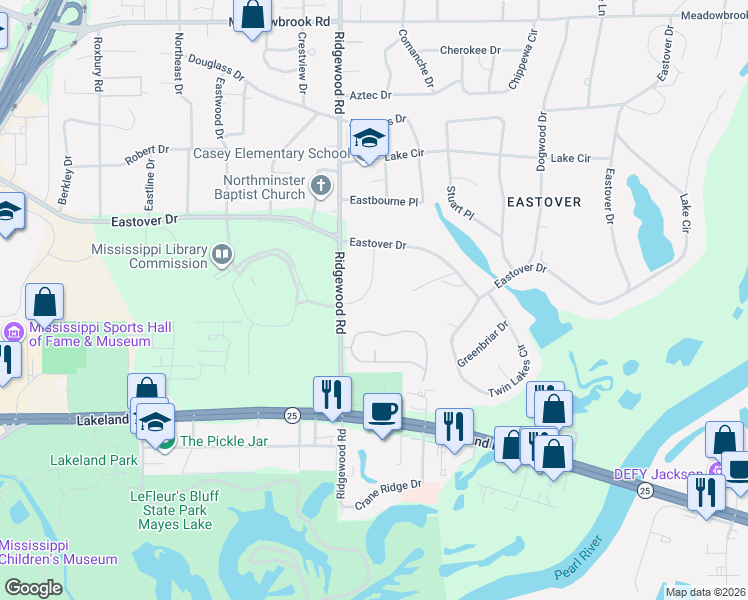 map of restaurants, bars, coffee shops, grocery stores, and more near 3838 Redbud Road in Jackson