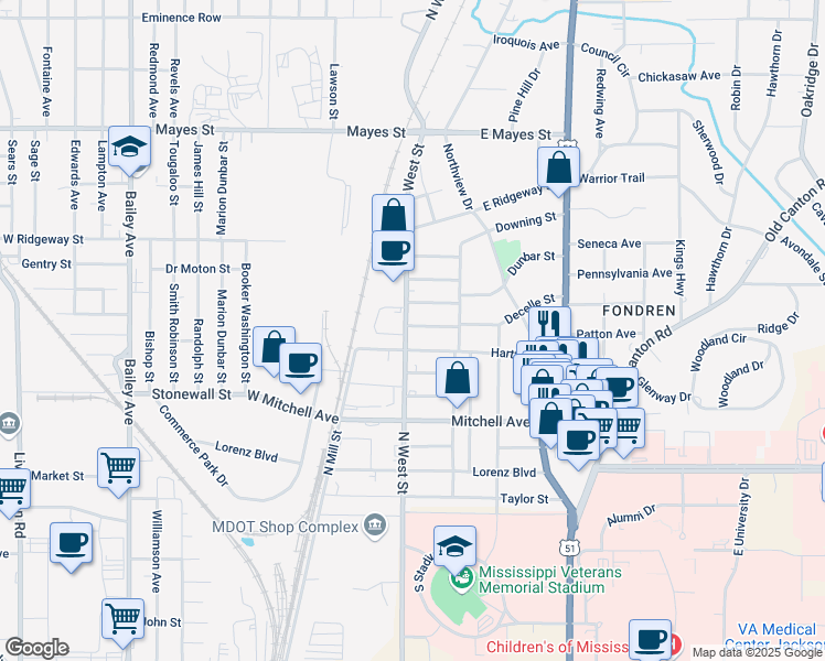 map of restaurants, bars, coffee shops, grocery stores, and more near 216 Decelle Street in Jackson