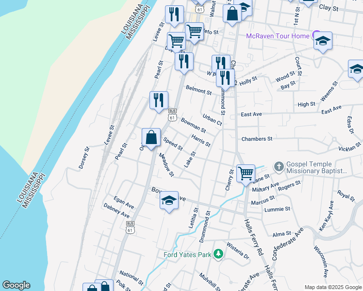 map of restaurants, bars, coffee shops, grocery stores, and more near 818 Harris Street in Vicksburg
