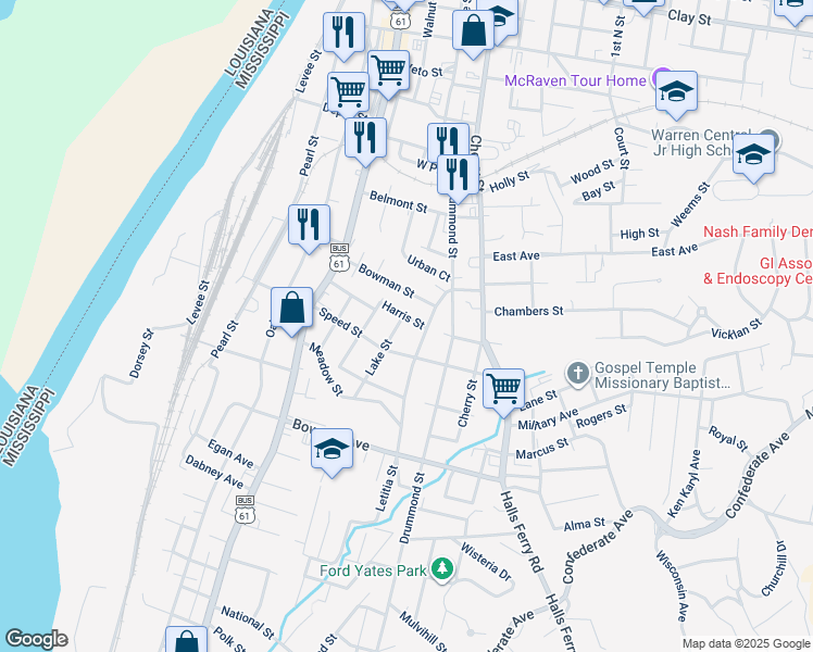map of restaurants, bars, coffee shops, grocery stores, and more near 1001-1099 Harris St in Vicksburg