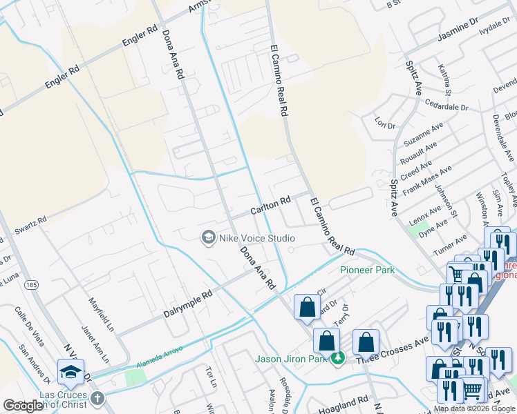 map of restaurants, bars, coffee shops, grocery stores, and more near 300 Carlton Road in Las Cruces