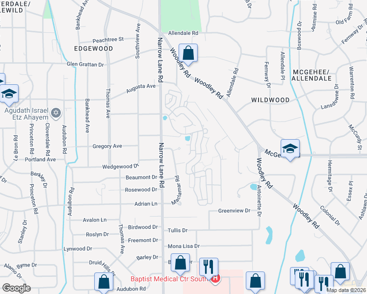 map of restaurants, bars, coffee shops, grocery stores, and more near 3618 Lockwood Court in Montgomery