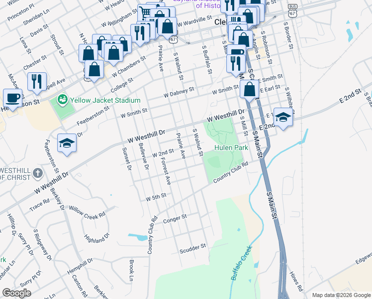 map of restaurants, bars, coffee shops, grocery stores, and more near 801 Prairie Avenue in Cleburne