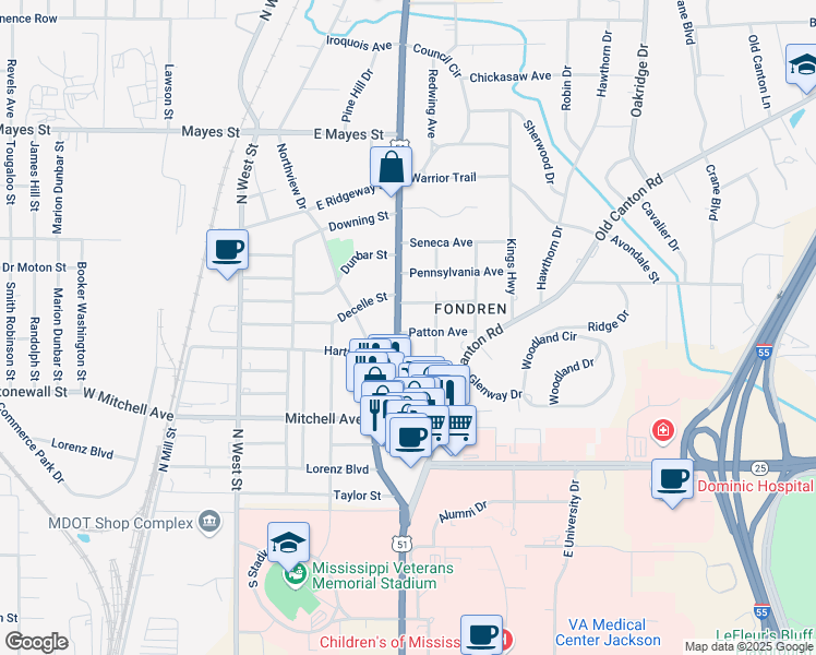 map of restaurants, bars, coffee shops, grocery stores, and more near 3310 North State Street in Jackson