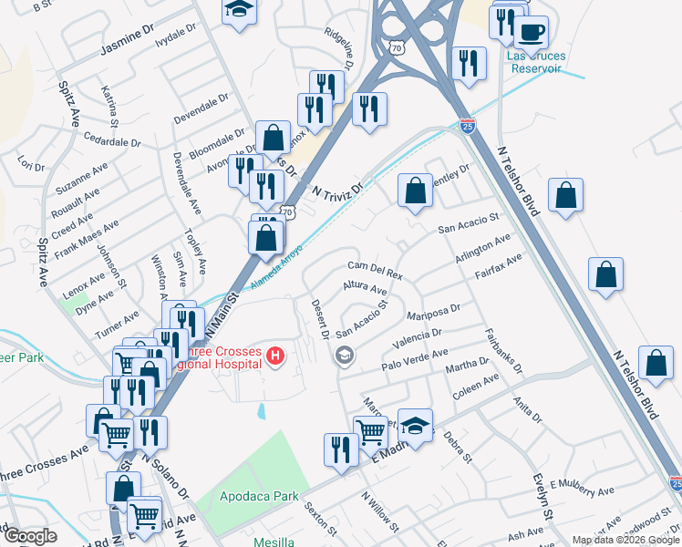 map of restaurants, bars, coffee shops, grocery stores, and more near 1550 Camino Del Rex in Las Cruces