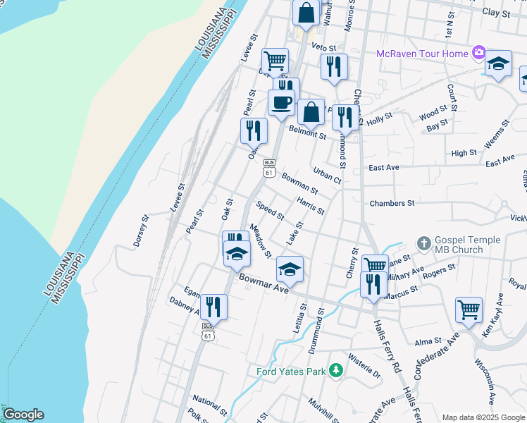 map of restaurants, bars, coffee shops, grocery stores, and more near 801-805 Speed Street in Vicksburg