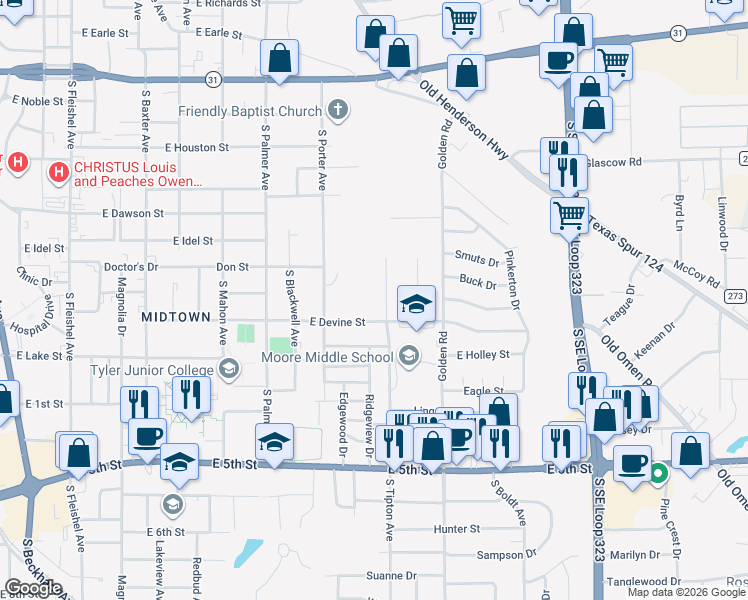 map of restaurants, bars, coffee shops, grocery stores, and more near 905 S Tipton Ave in Tyler