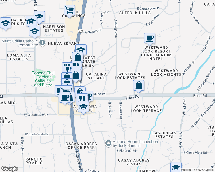map of restaurants, bars, coffee shops, grocery stores, and more near 7235 North Village Avenue in Tucson