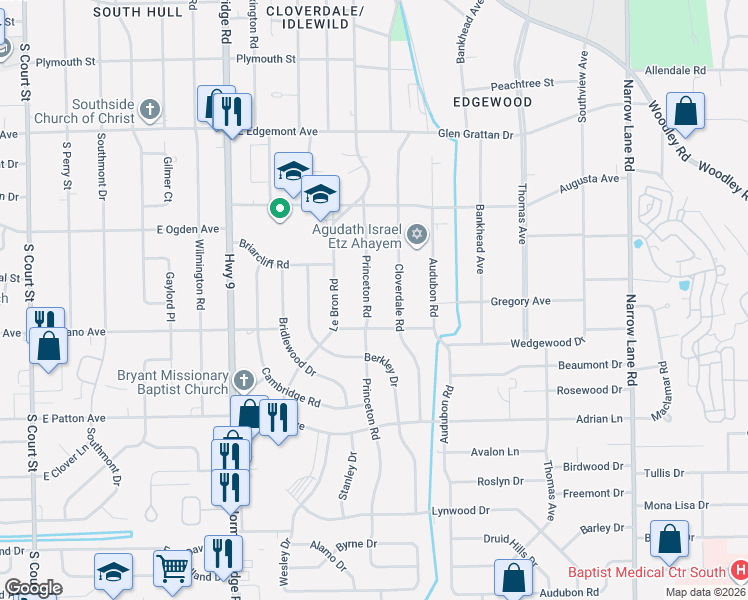 map of restaurants, bars, coffee shops, grocery stores, and more near 3533 Princeton Road in Montgomery