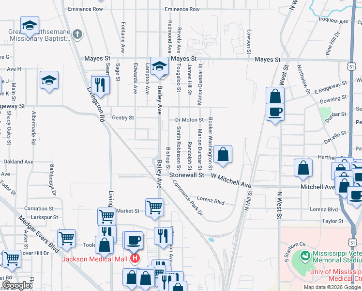 map of restaurants, bars, coffee shops, grocery stores, and more near 2922 Smith Robinson Street in Jackson
