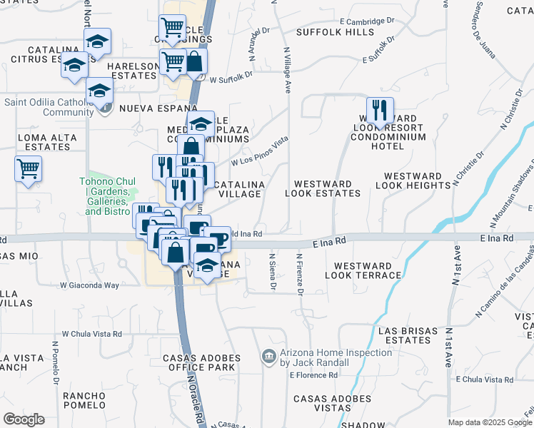 map of restaurants, bars, coffee shops, grocery stores, and more near 7235 North Village Avenue in Tucson