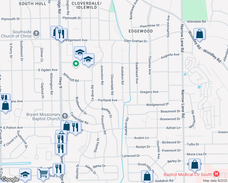 map of restaurants, bars, coffee shops, grocery stores, and more near 3569 Cloverdale Road in Montgomery