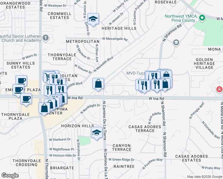 map of restaurants, bars, coffee shops, grocery stores, and more near 3220 West Ina Road in Tucson