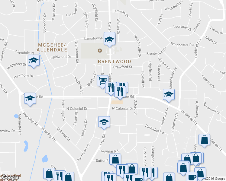 map of restaurants, bars, coffee shops, grocery stores, and more near 3581 Carter Hill Road in Montgomery