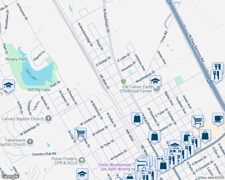 map of restaurants, bars, coffee shops, grocery stores, and more near 1306 NE Main St in Ennis