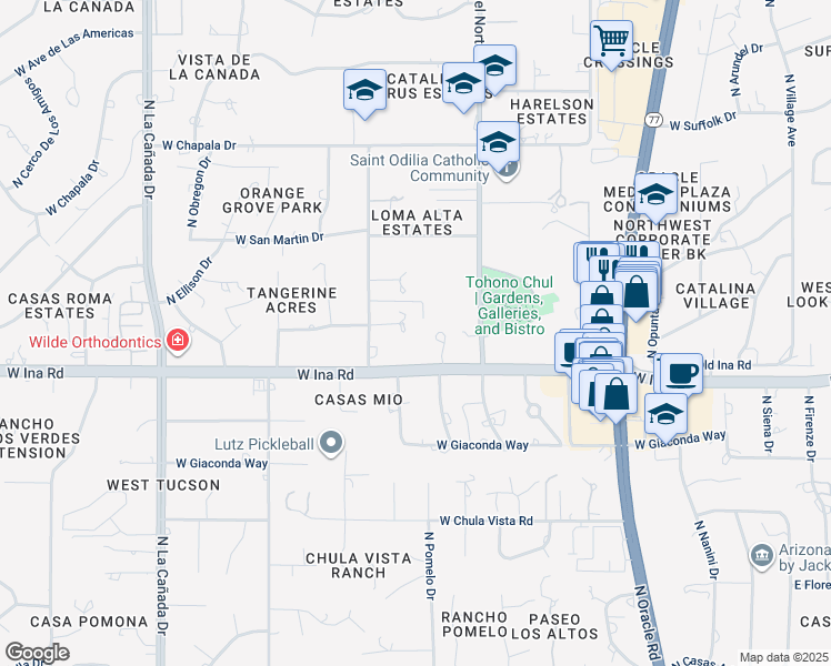 map of restaurants, bars, coffee shops, grocery stores, and more near 923 West Wanda Vista Place in Tucson