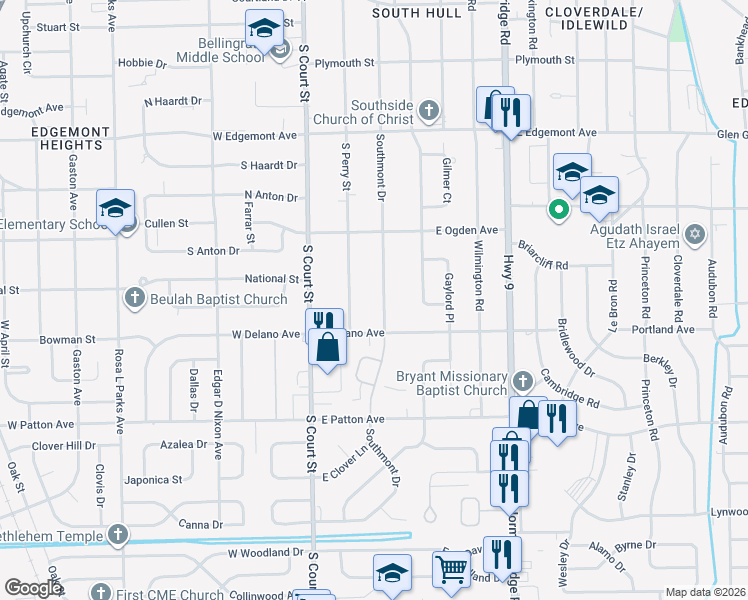 map of restaurants, bars, coffee shops, grocery stores, and more near 3566 Southmont Drive in Montgomery
