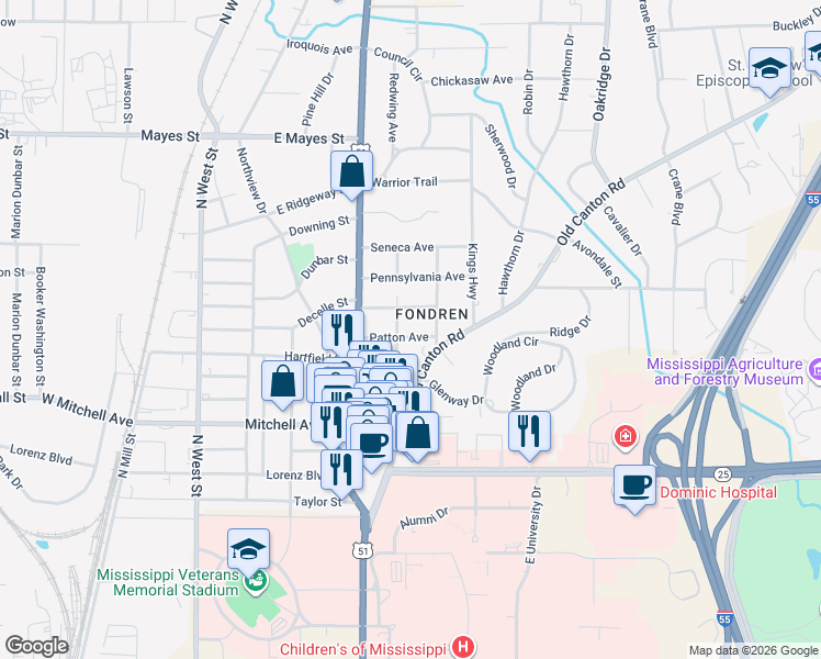 map of restaurants, bars, coffee shops, grocery stores, and more near 602 Patton Avenue in Jackson